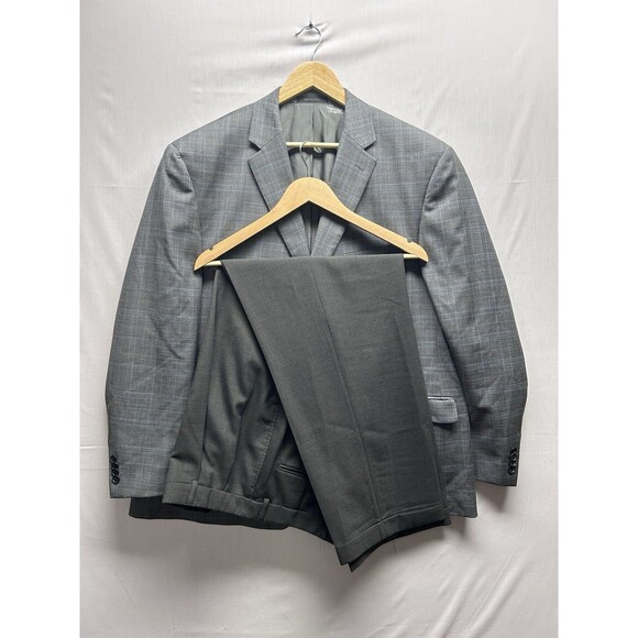 Austin Reed Men’s 50R 38x31 2 Piece Suit Grey Plaid Pleated Cuffed 2 Button